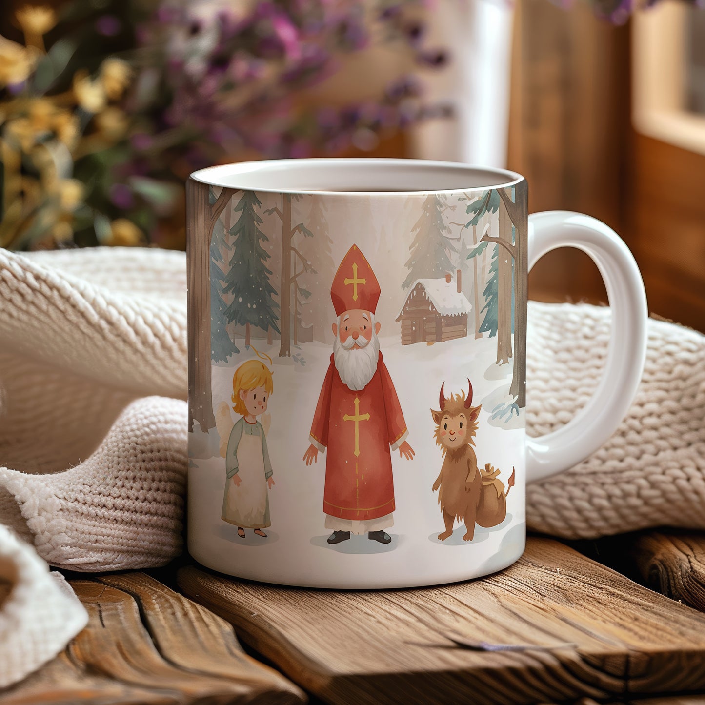 Hrnek s motivem Mikuláše, čerta a anděla – zimní pohádkový les