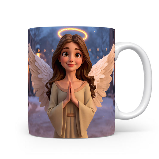 Anděl v zimním parku s padajícím sněhem