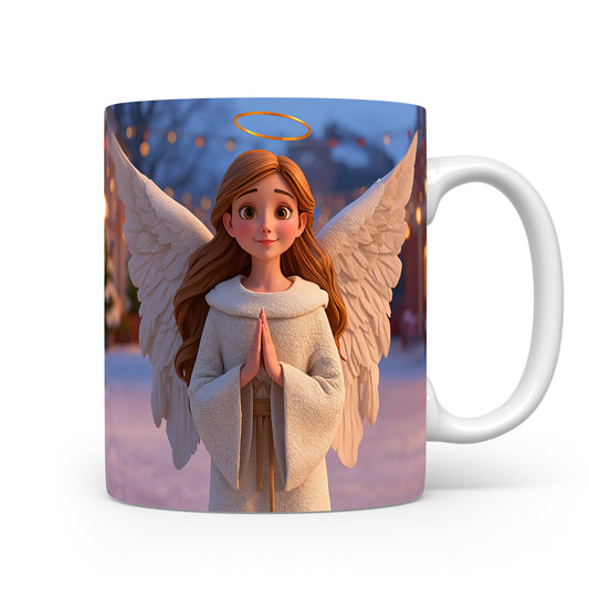 Anděl na zimním náměstí s křídly a svatozáří