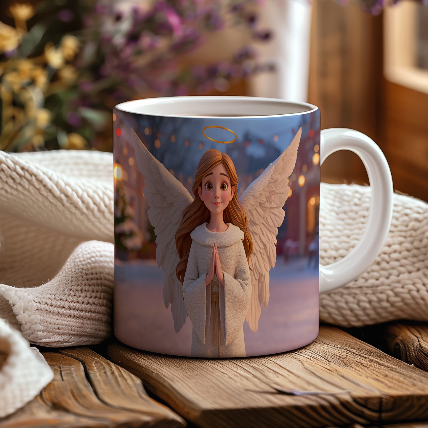 Hrnek s motivem anděla – zimní zářící náměstí