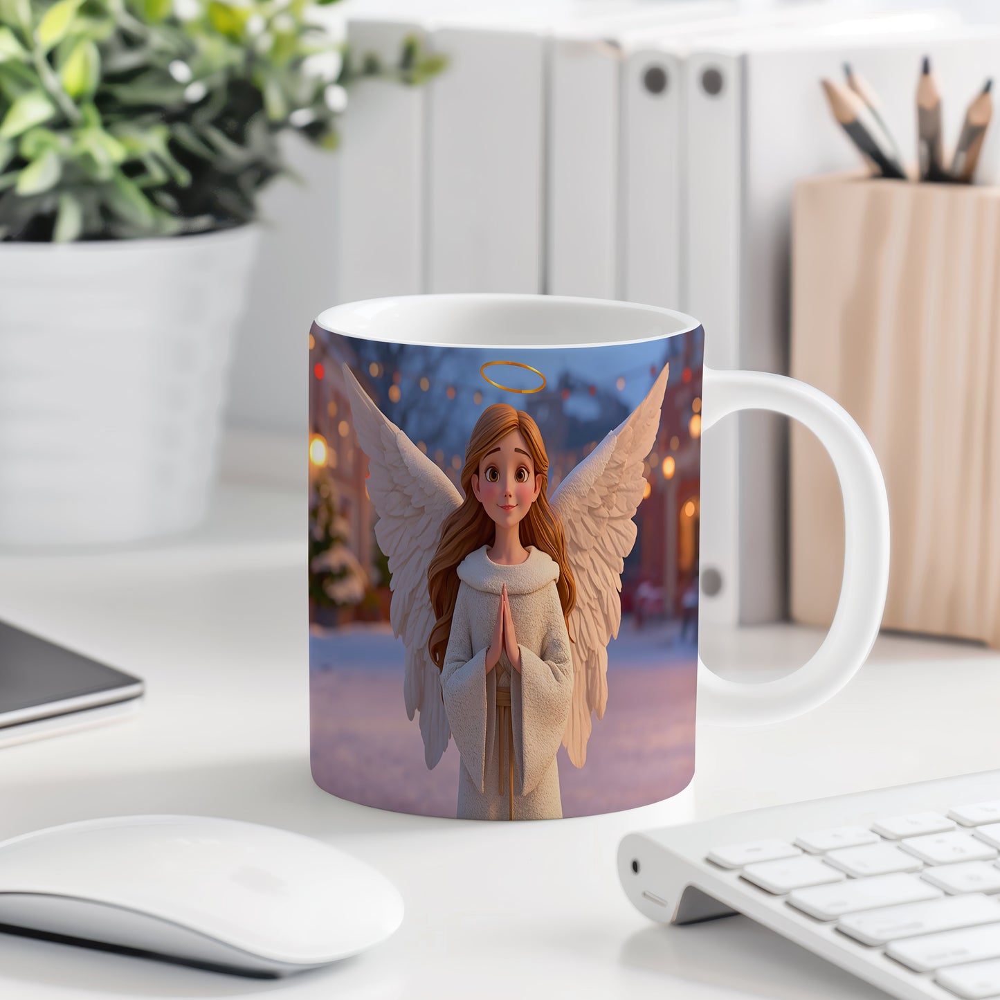 Hrnek s motivem anděla – zimní zářící náměstí