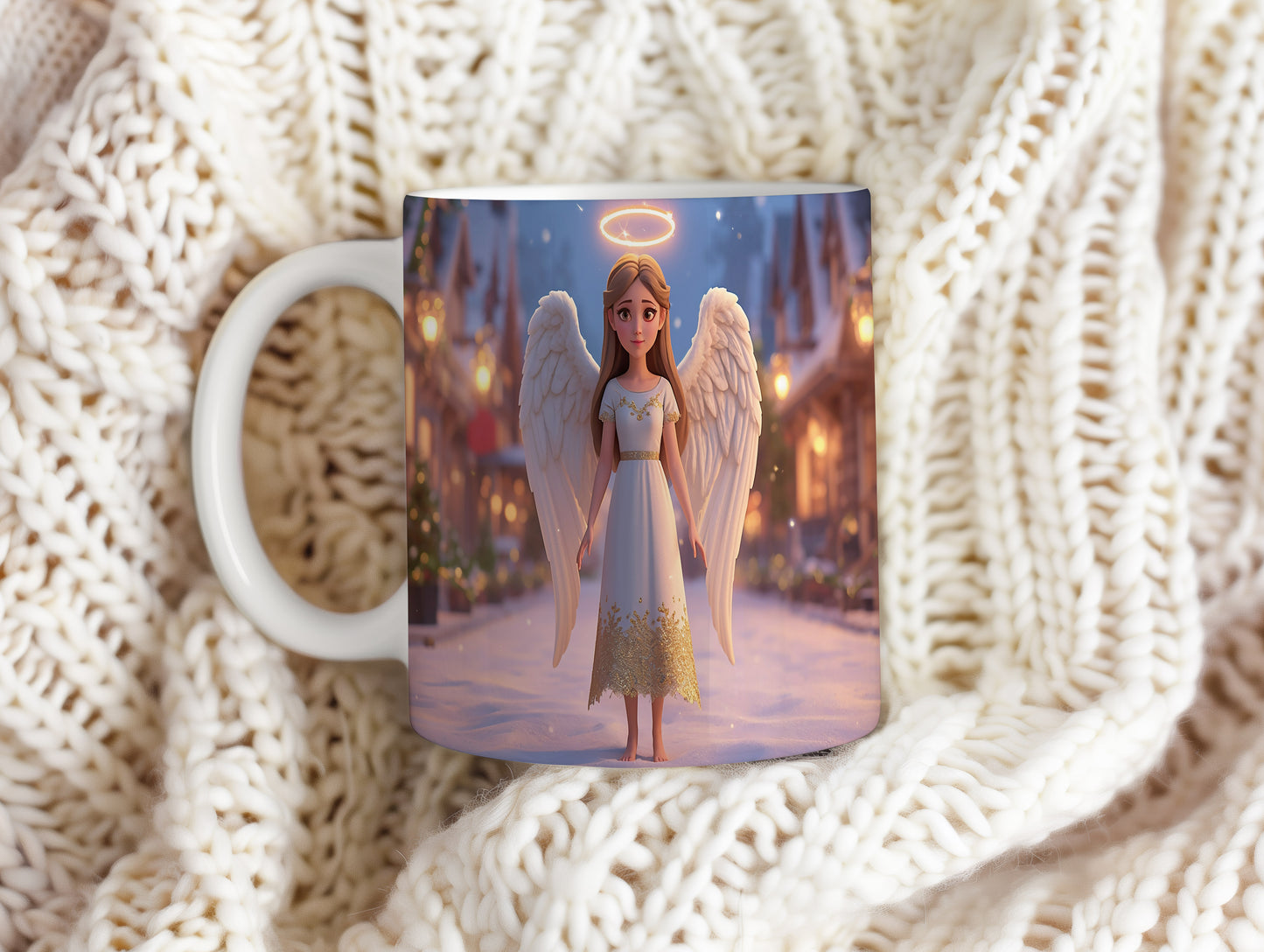 Hrnek s motivem anděla – zimní zářivá ulice