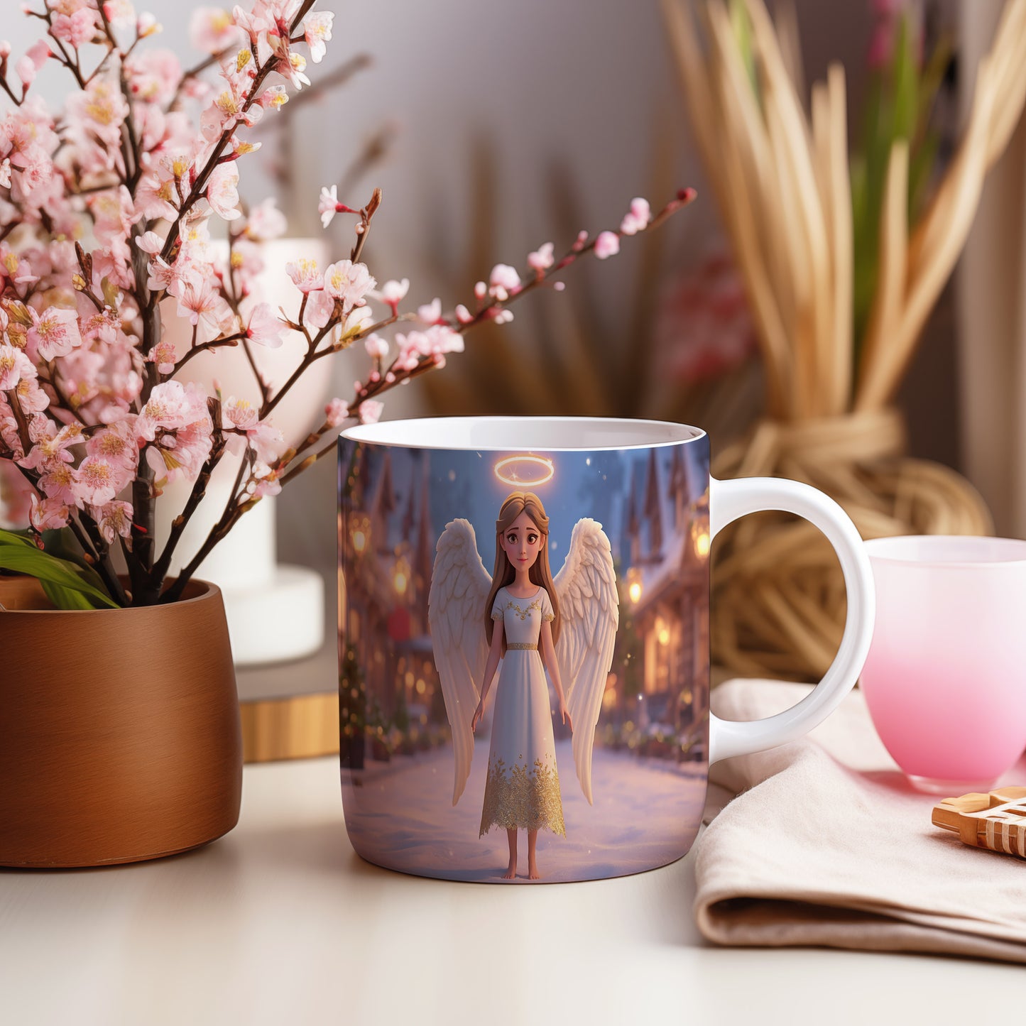 Hrnek s motivem anděla – zimní zářivá ulice