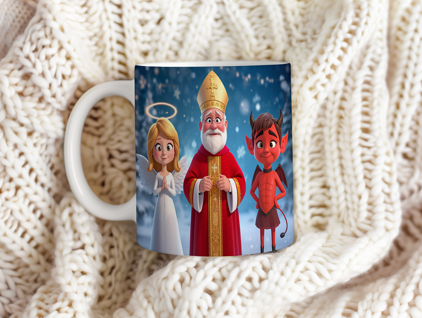 Hrnek s motivem Mikuláše, čerta a anděla – zimní pohádkový palác