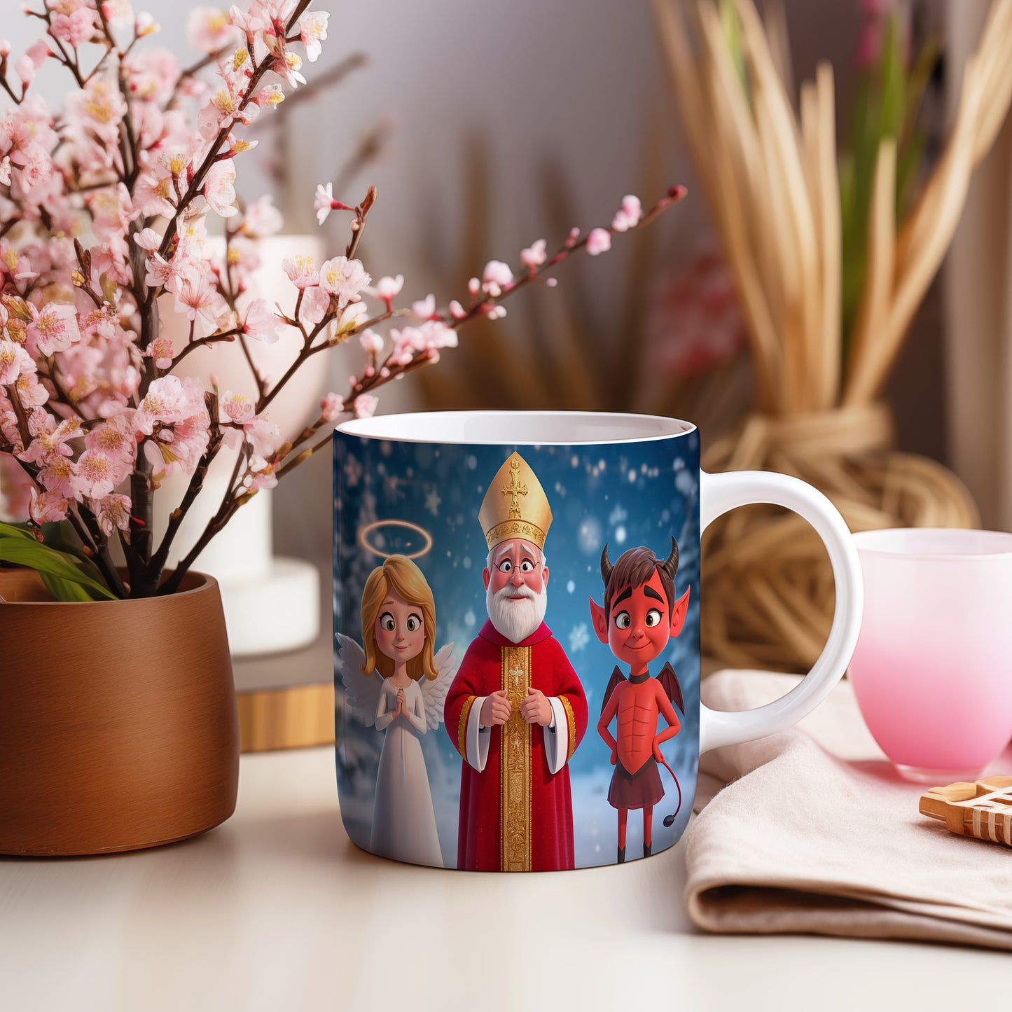 Hrnek s motivem Mikuláše, čerta a anděla – zimní pohádkový palác