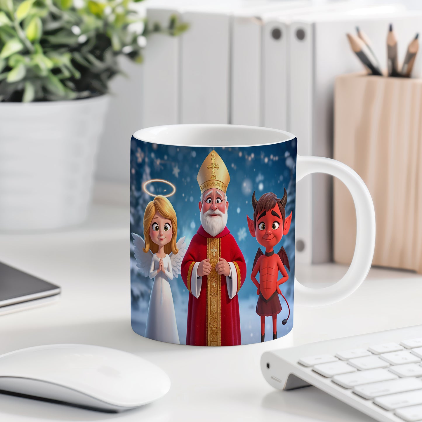 Hrnek s motivem Mikuláše, čerta a anděla – zimní pohádkový palác