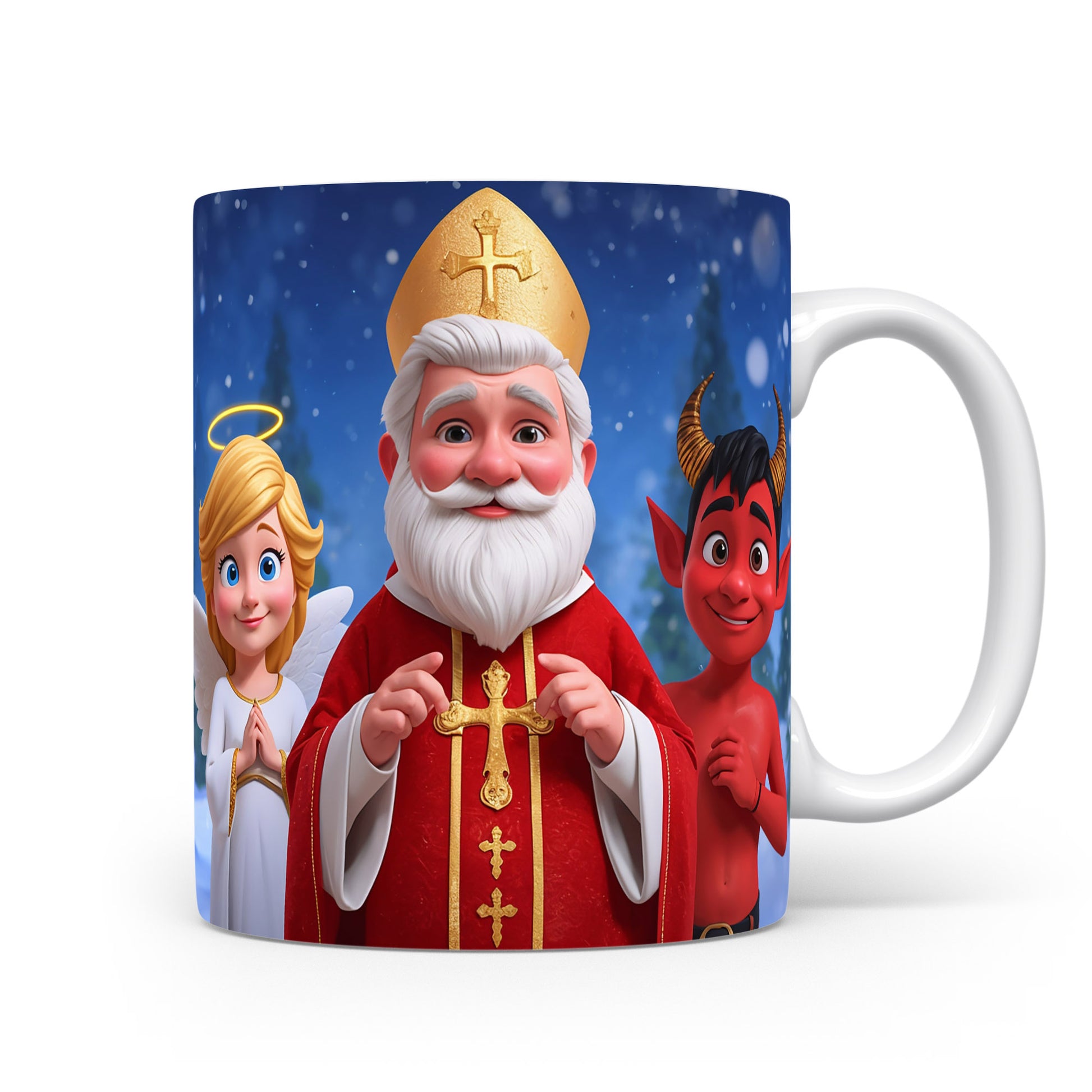 Mikuláš, čert a anděl v zasněženém lese na hrnku