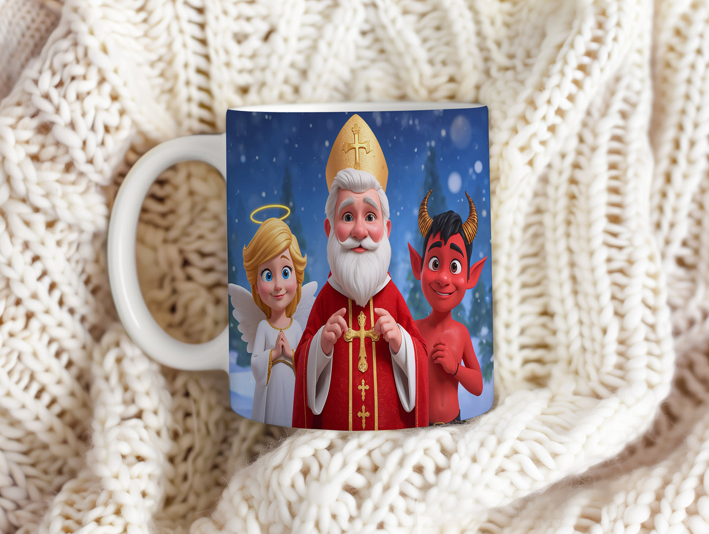 Hrnek s motivem Mikuláše, čerta a anděla – zimní kouzelný les