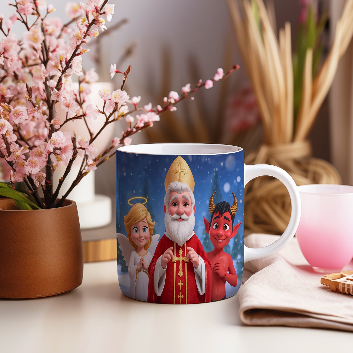 Hrnek s motivem Mikuláše, čerta a anděla – zimní kouzelný les