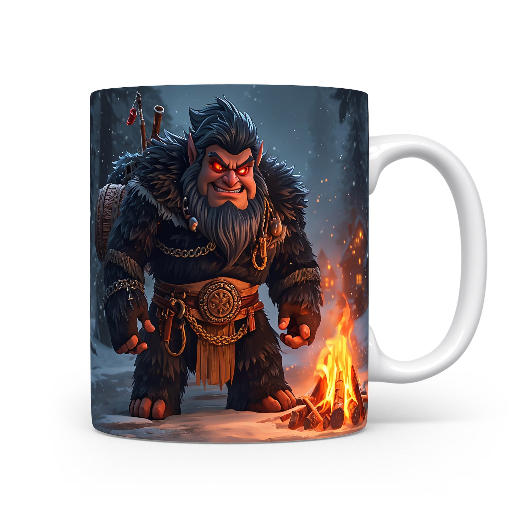 Čert stojící u ohně v zimní krajině