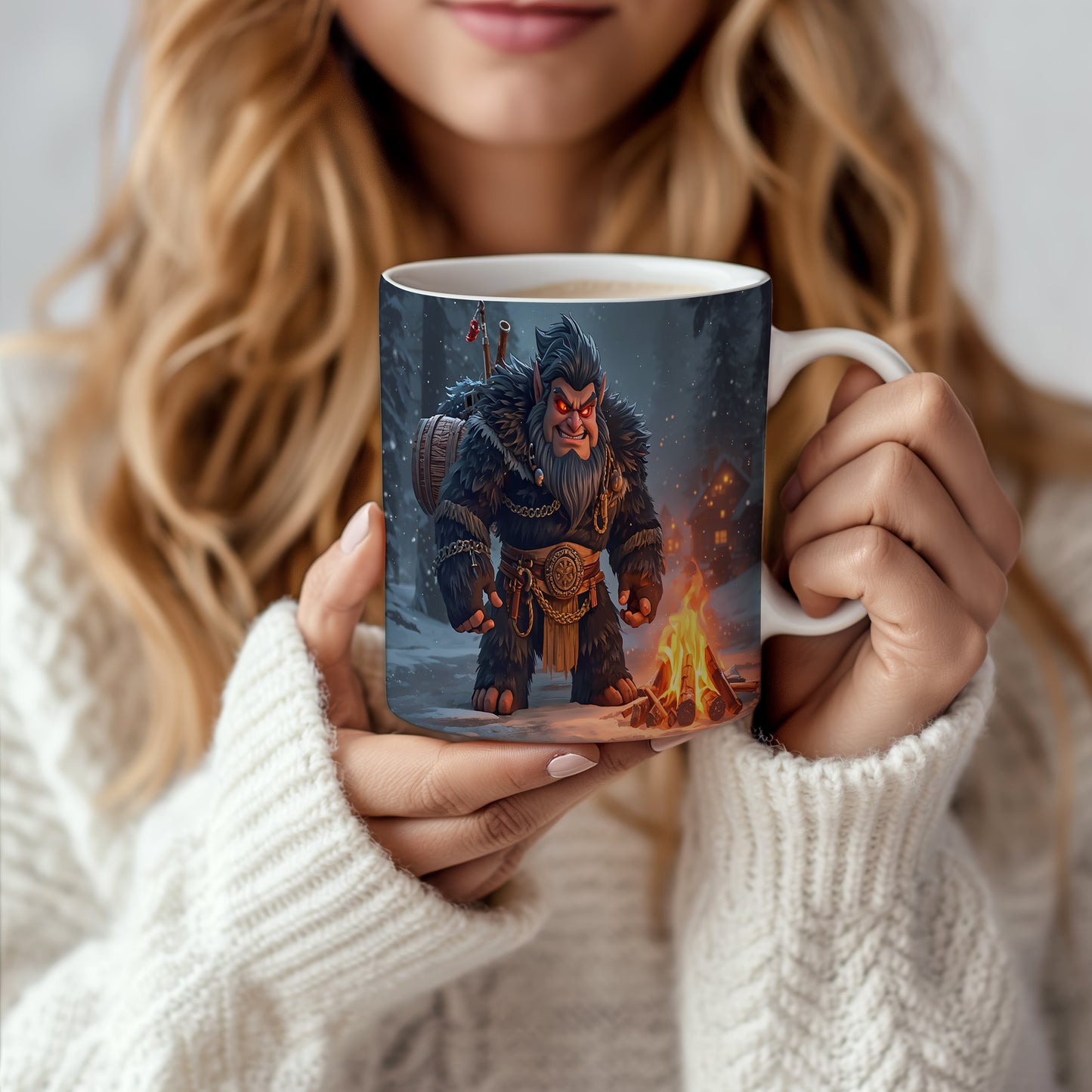 Hrnek s motivem čerta – zimní ohnivý táborák