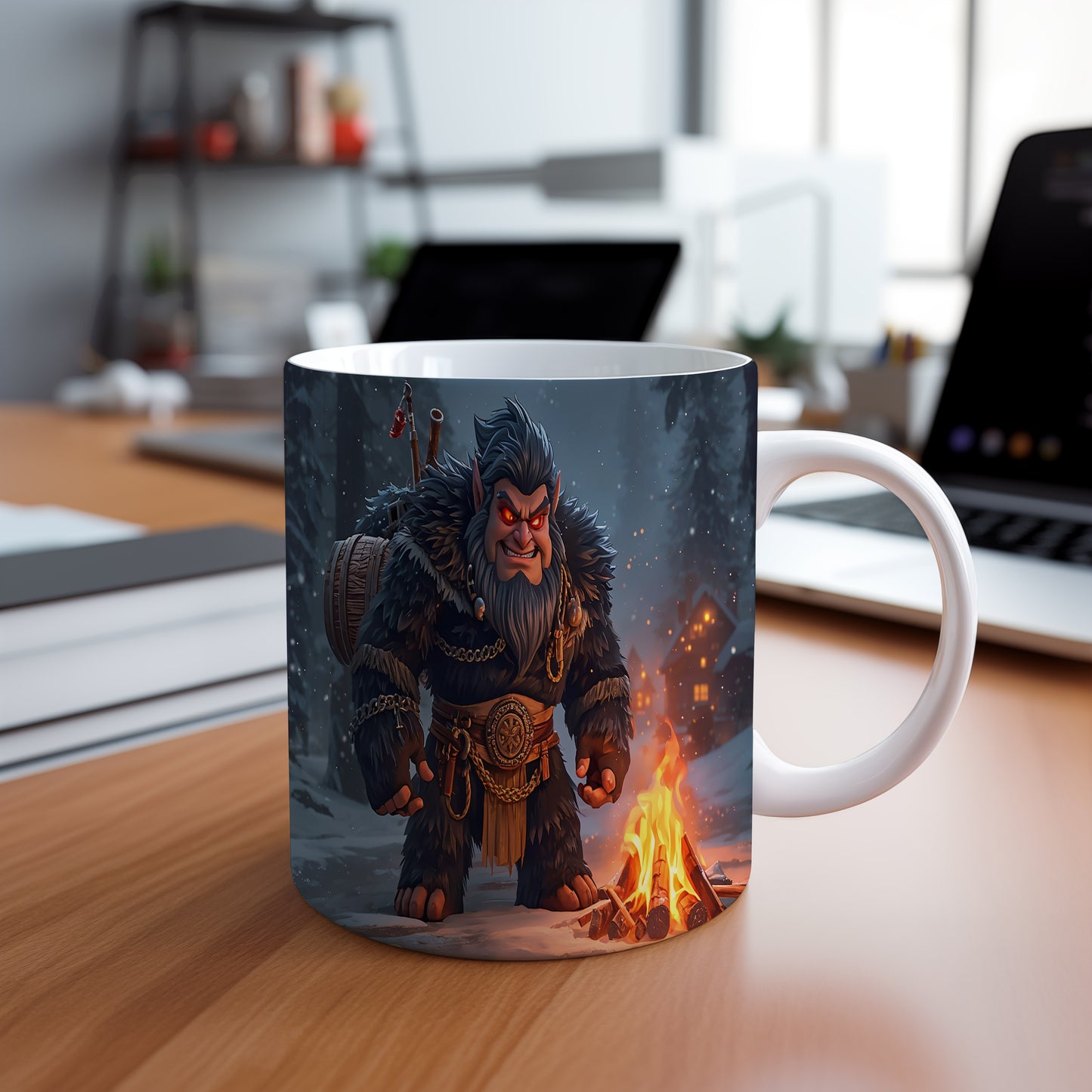 Hrnek s motivem čerta – zimní ohnivý táborák
