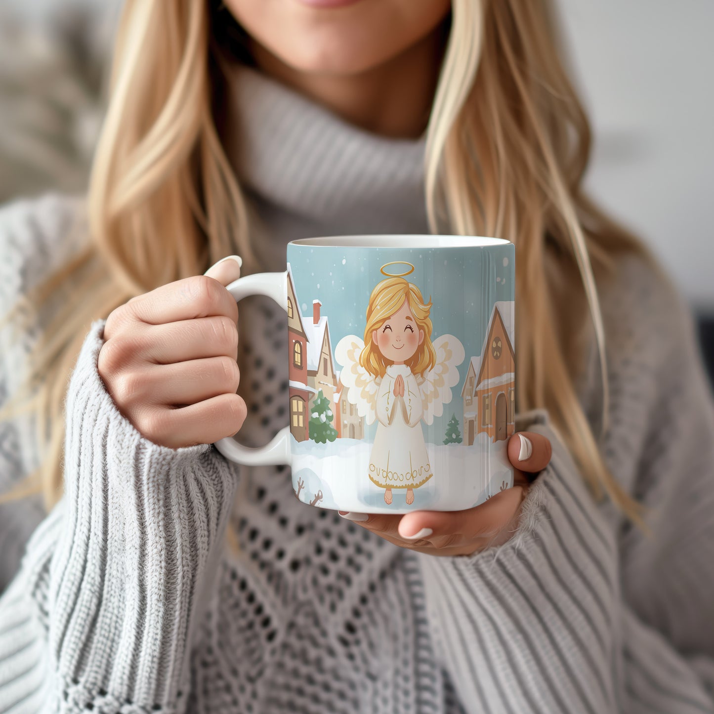 Hrnek s motivem anděla – zimní pohádková vesnice
