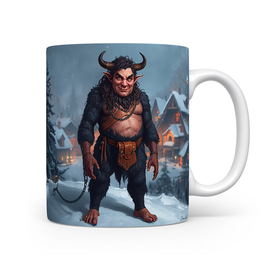 Čert stojící před zasněženými domy v noci