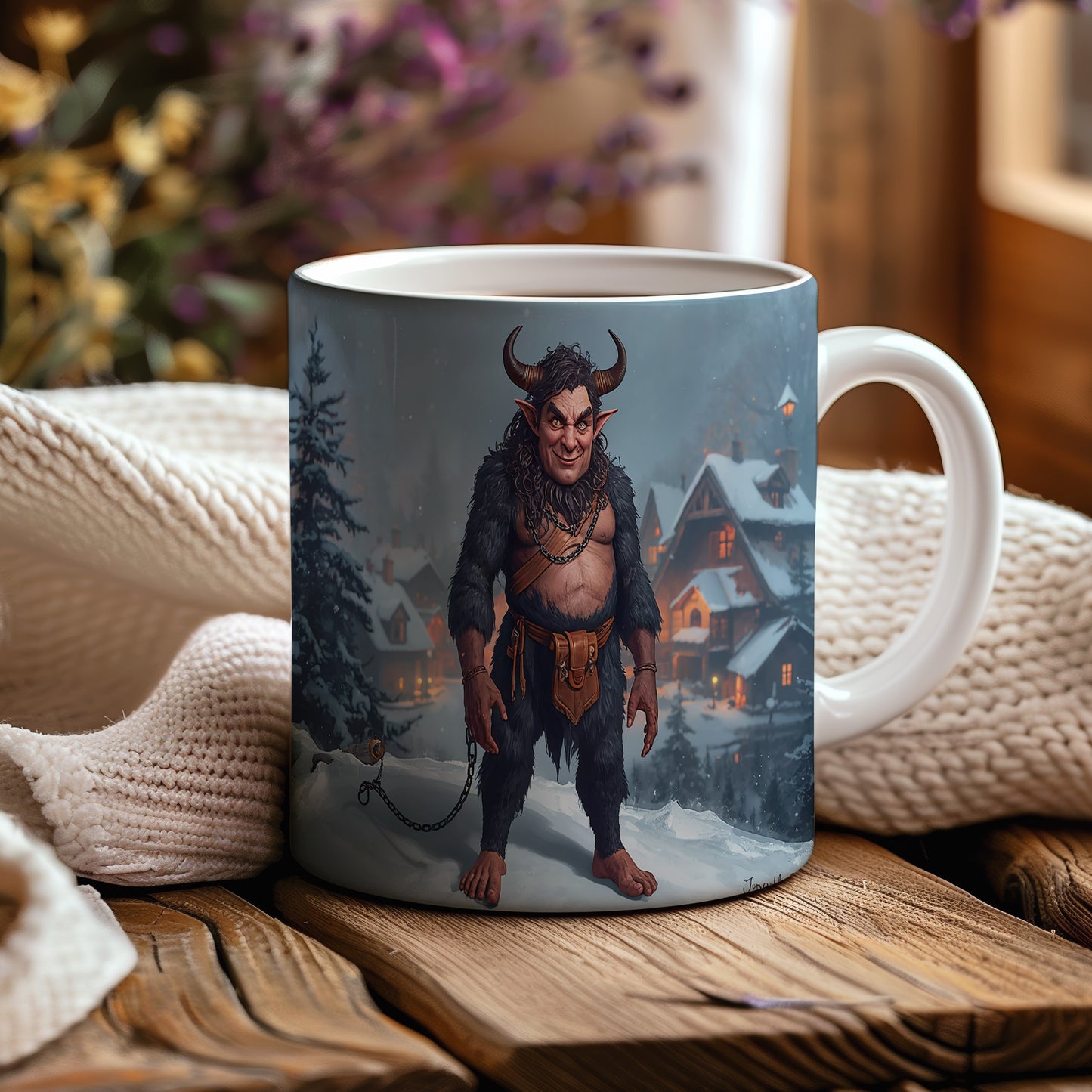 Hrnek s motivem čerta – zimní zasněžená krajina