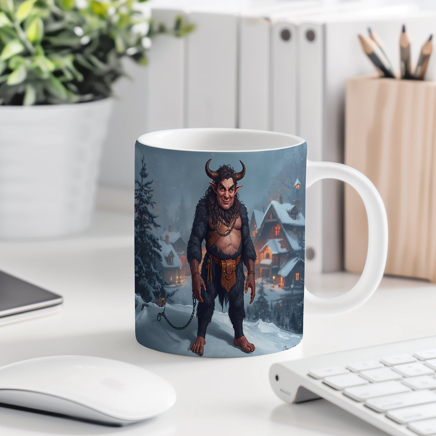 Hrnek s motivem čerta – zimní zasněžená krajina