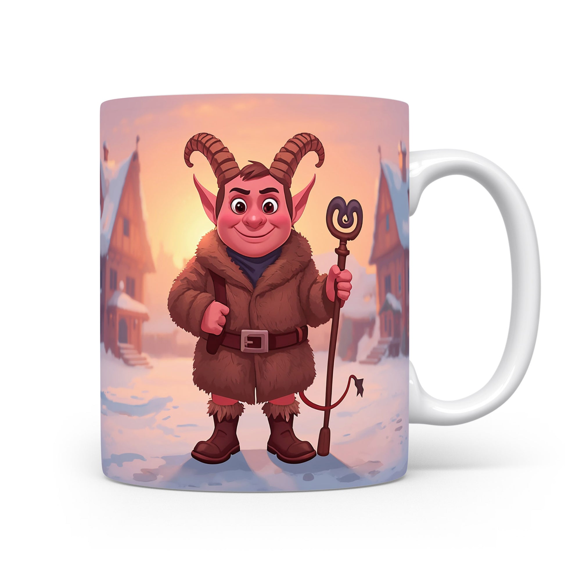 Čert v zasněžené vesnici při východu slunce