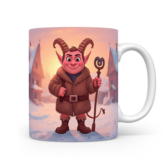 Čert v zasněžené vesnici při východu slunce