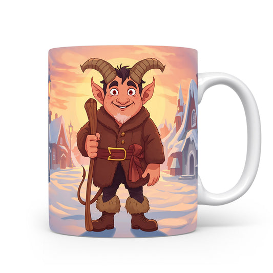 Čert v hnědém kabátě v zasněžené vesnici při západu slunce