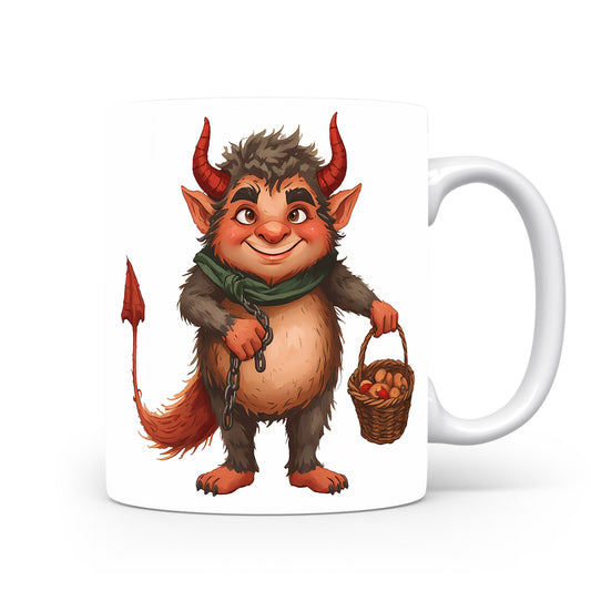 Čert s řetězem a košíkem jablek na hrnku