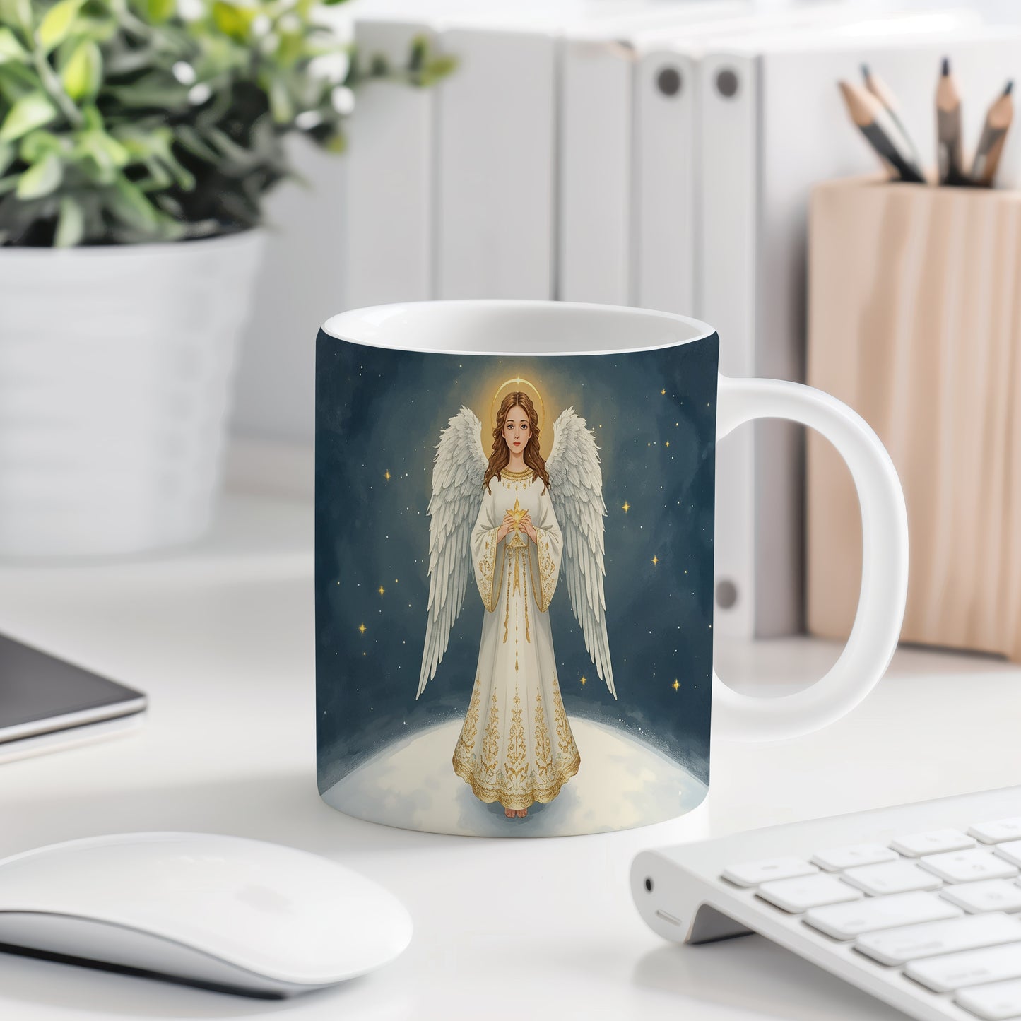 Hrnek s motivem anděla – zimní hvězdné nebe