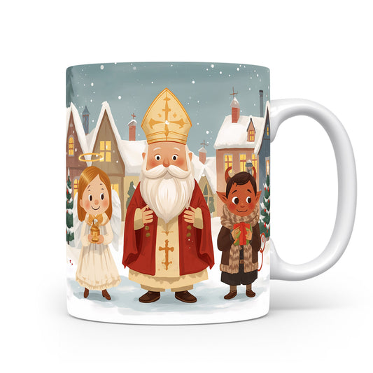 Mikuláš, čert a anděl v zasněžené uličce