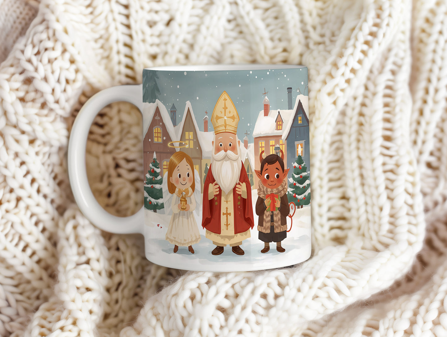 Hrnek s motivem Mikuláše, čerta a anděla – zimní pohádková ulička