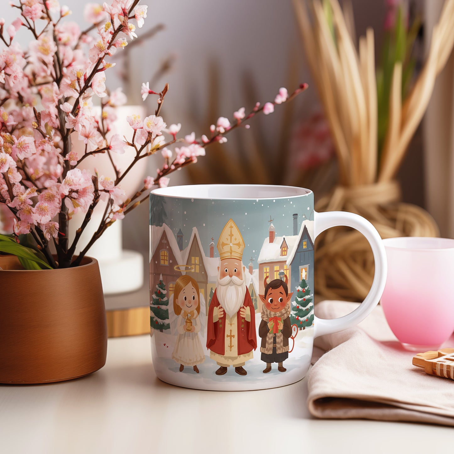 Hrnek s motivem Mikuláše, čerta a anděla – zimní pohádková ulička