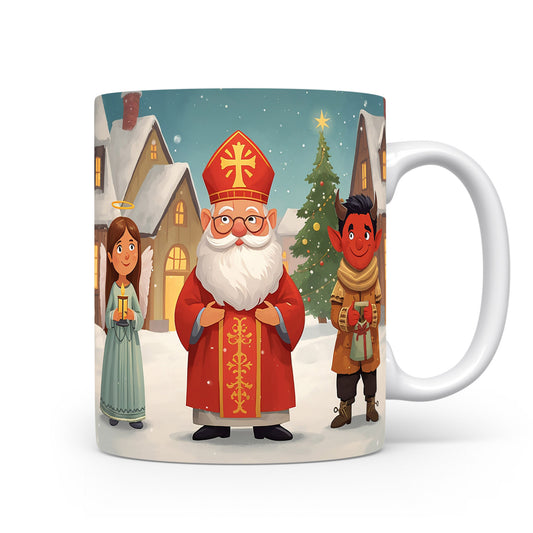 Mikuláš, čert a anděl před zasněženými domky a stromkem