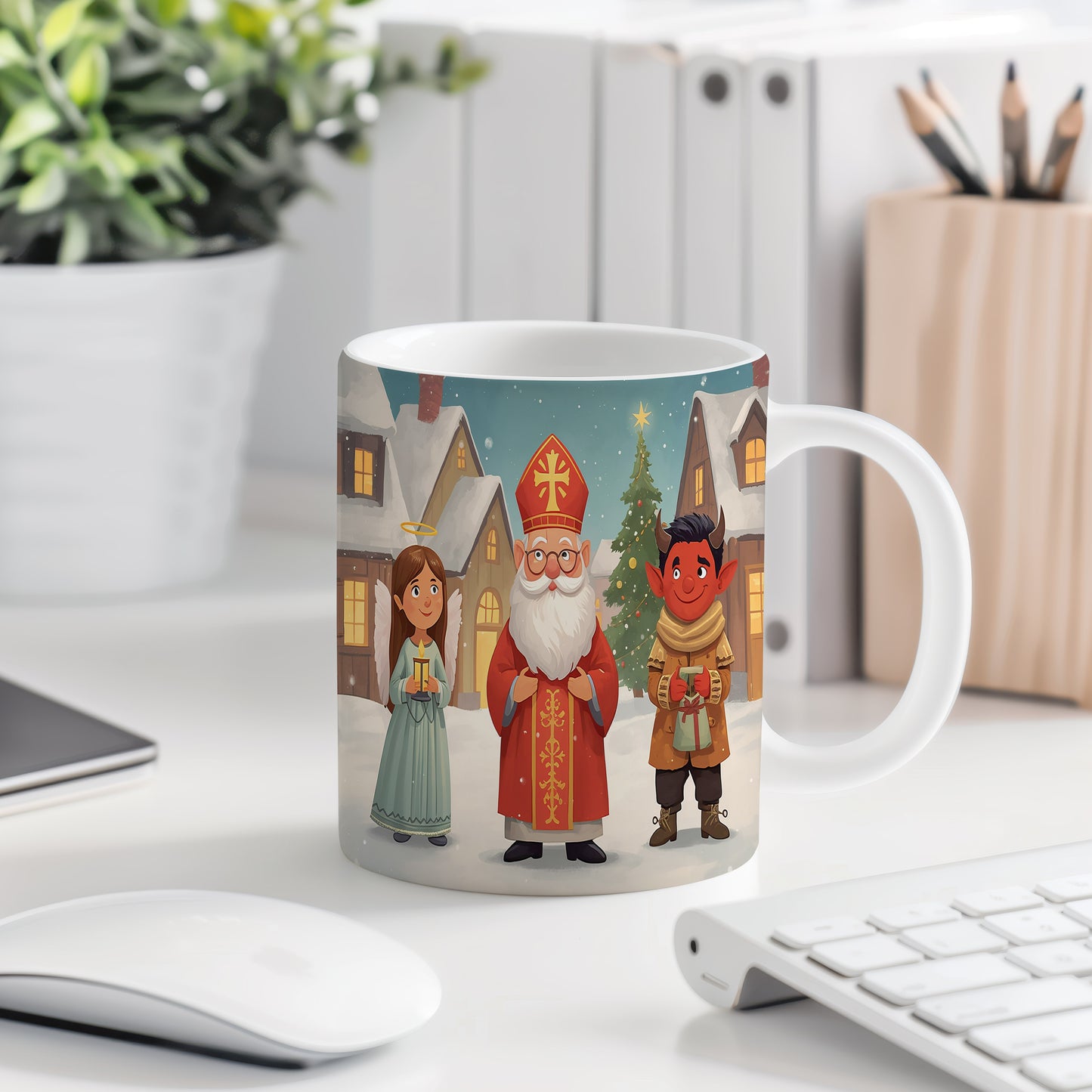 Hrnek s motivem Mikuláše, čerta a anděla – zimní kouzelná vesnička