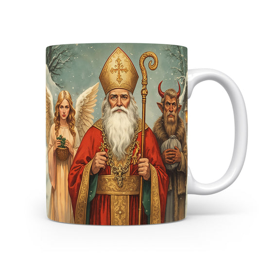 Mikuláš, čert a anděl v zimním lese na hrnku