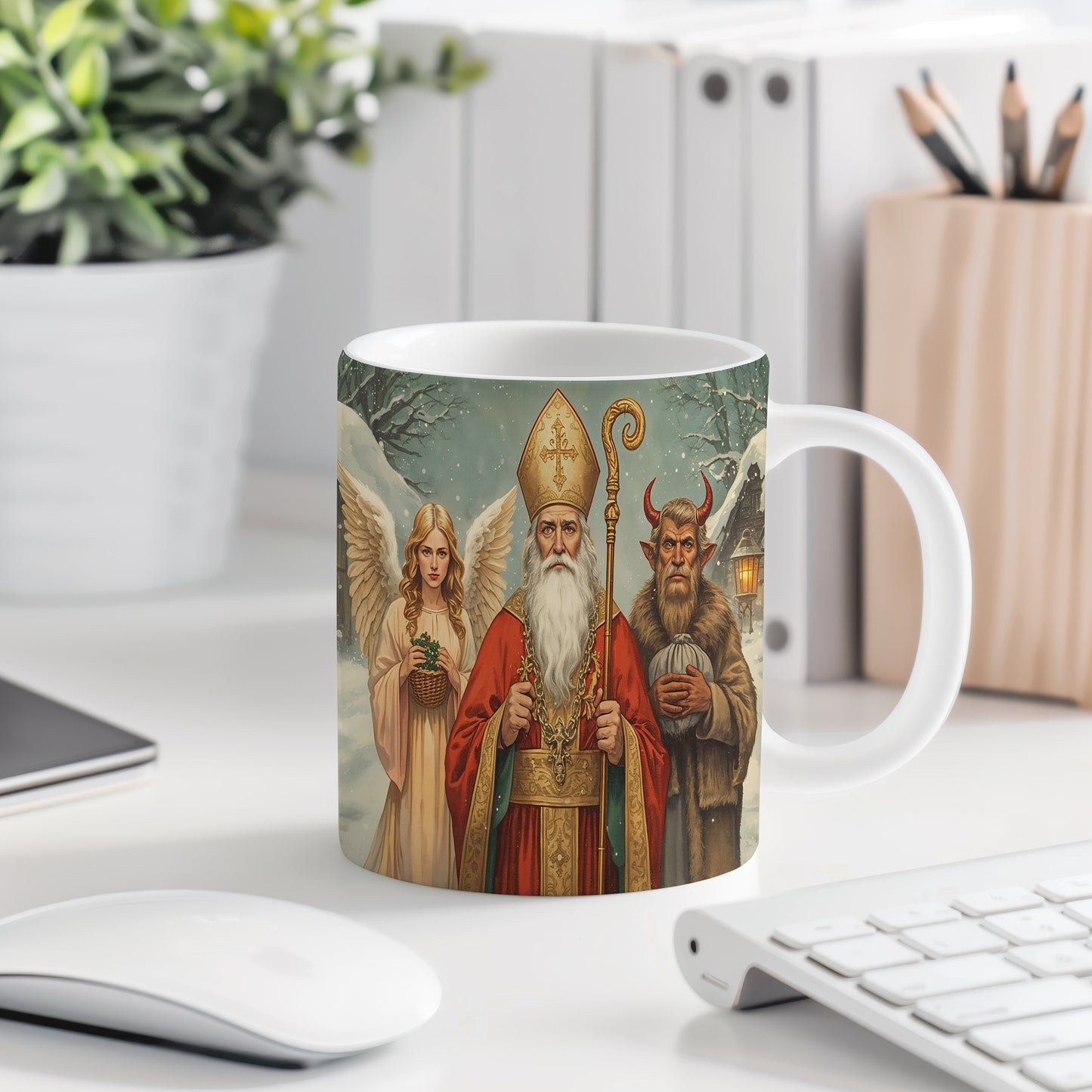 Hrnek s motivem Mikuláše, čerta a anděla – zimní pohádkový les