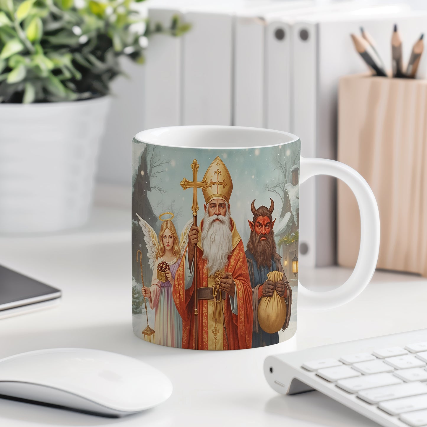 Hrnek s motivem Mikuláše, čerta a anděla – zimní sváteční večer