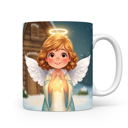 Anděl s hvězdou před chaloupkou ve sněhu