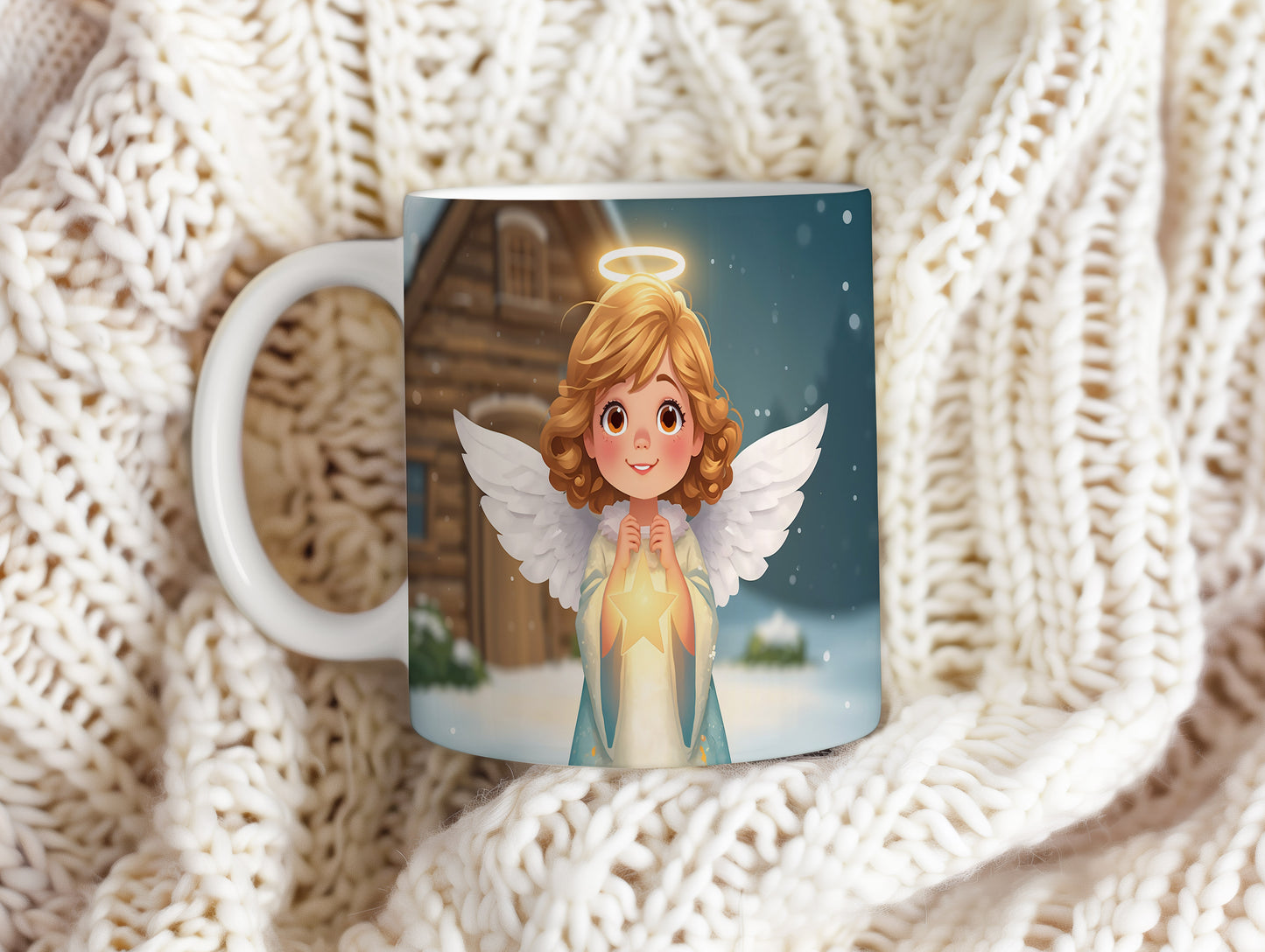 Hrnek s motivem anděla – zimní kouzelná chaloupka