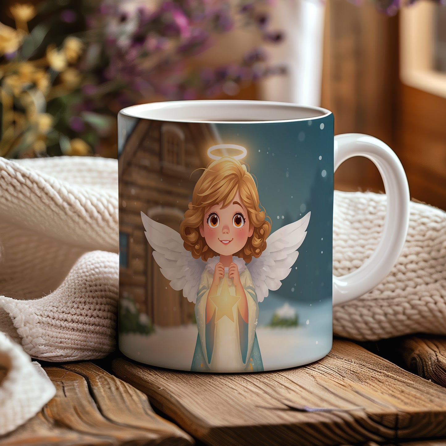 Hrnek s motivem anděla – zimní kouzelná chaloupka