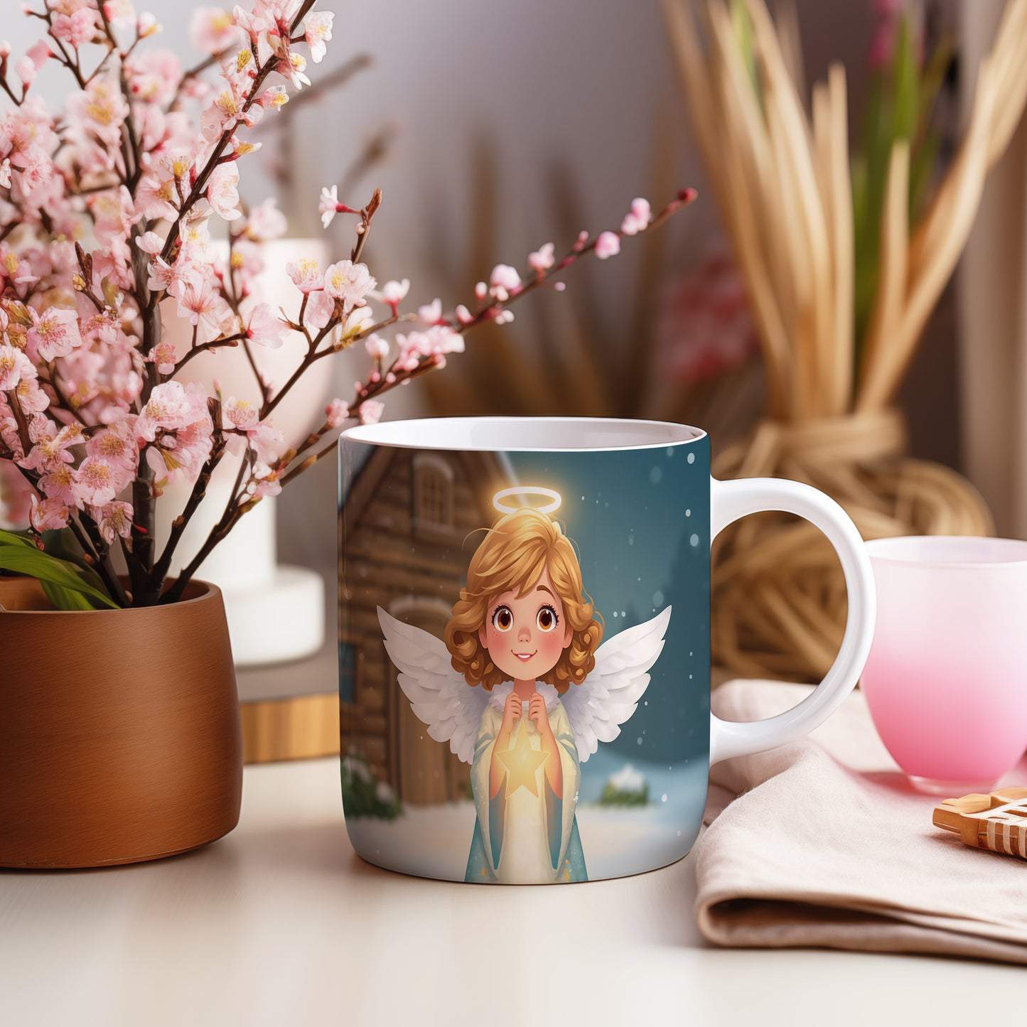 Hrnek s motivem anděla – zimní kouzelná chaloupka