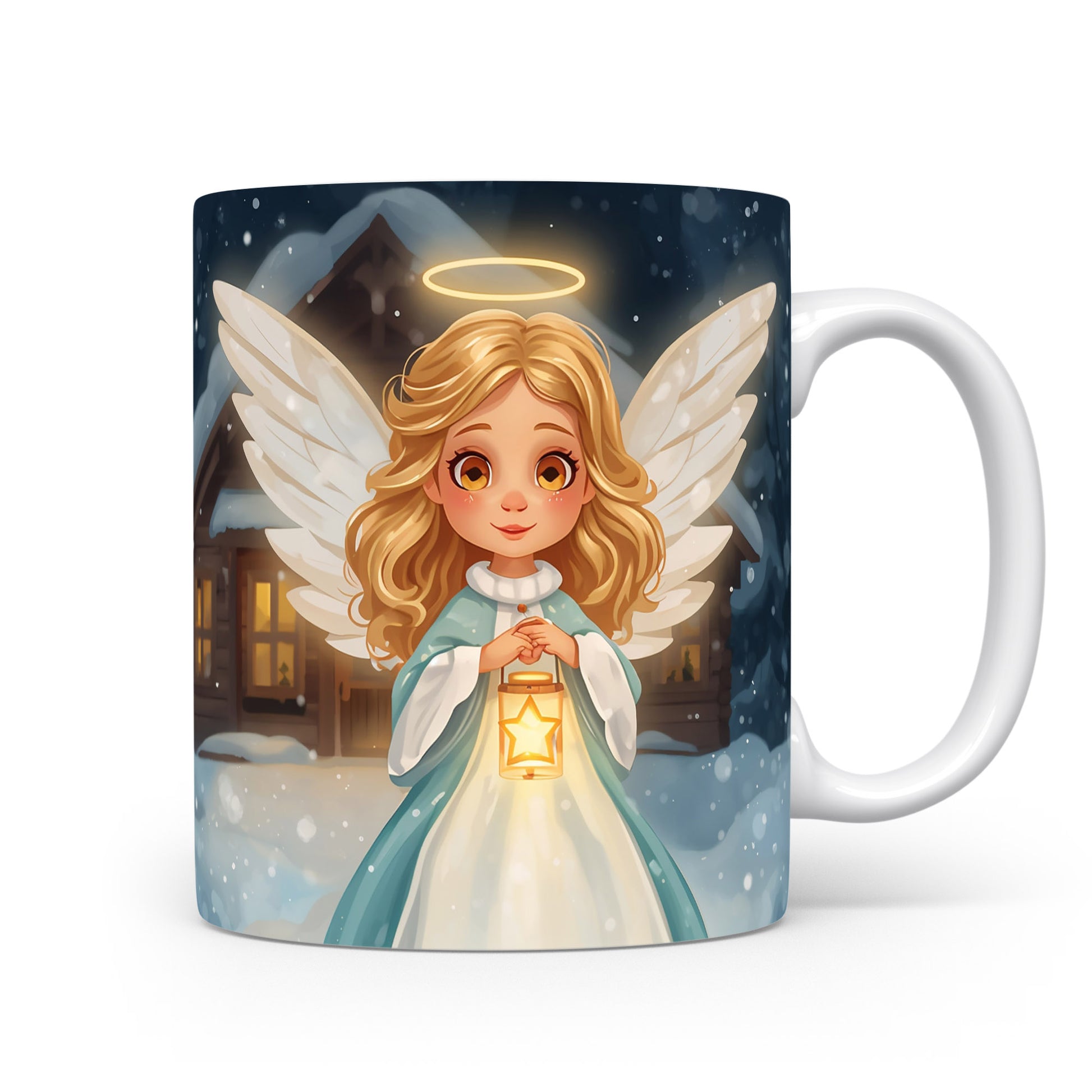 Anděl se svíčkou před zasněženým stavením