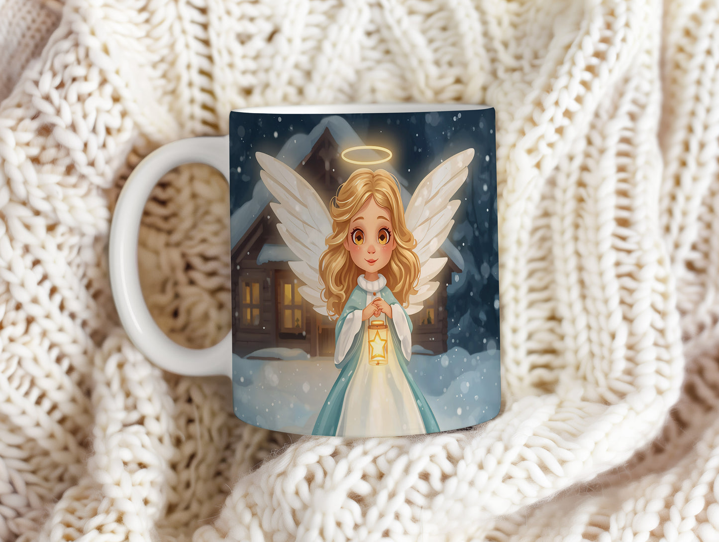 Hrnek s motivem anděla – zimní klidné stavení