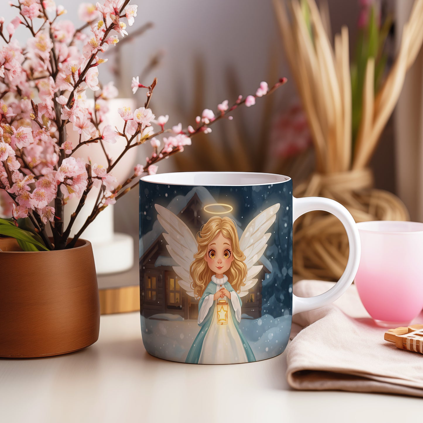 Hrnek s motivem anděla – zimní klidné stavení