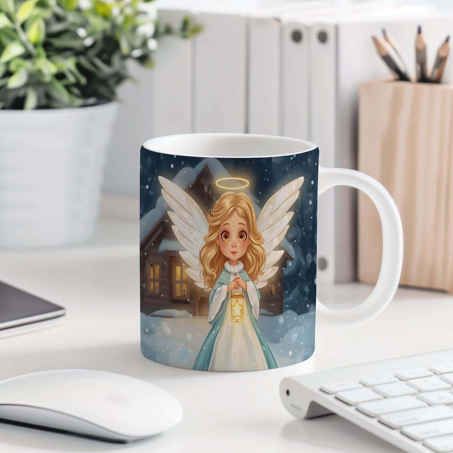 Hrnek s motivem anděla – zimní klidné stavení