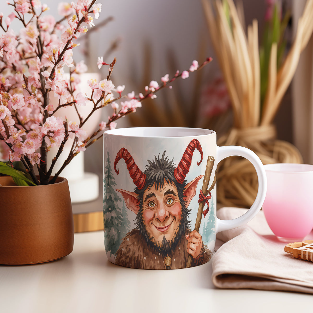 Hrnek s motivem čerta – zimní veselý les