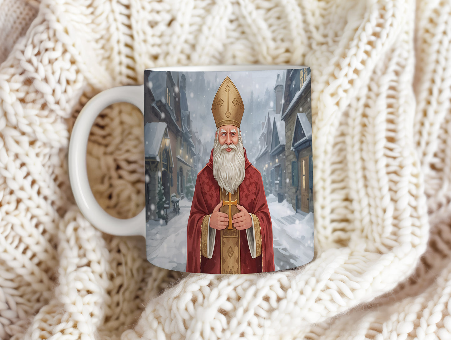 Hrnek s motivem Mikuláše – zimní zasněžená vesnička