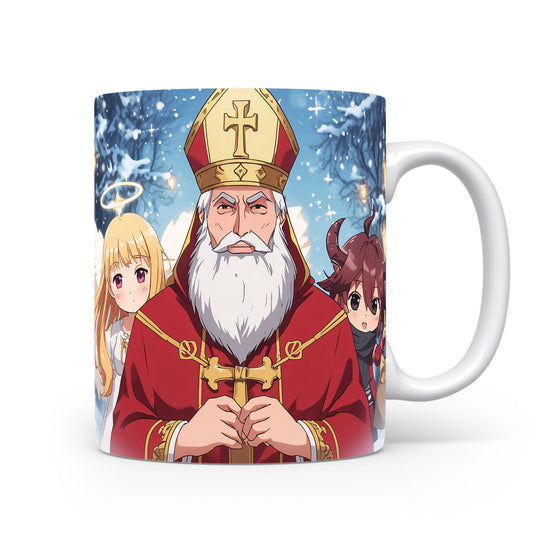 Mikuláš, čert a anděl v zimním lese