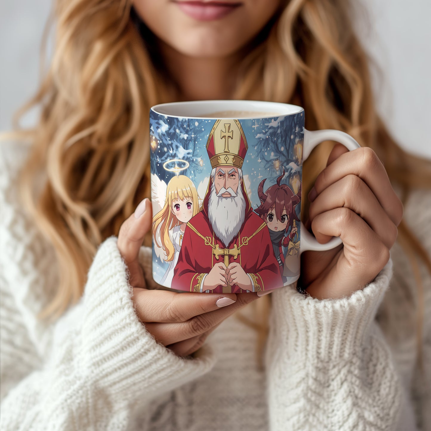 Hrnek s motivem Mikuláše, čerta a anděla – zimní kouzelná noc