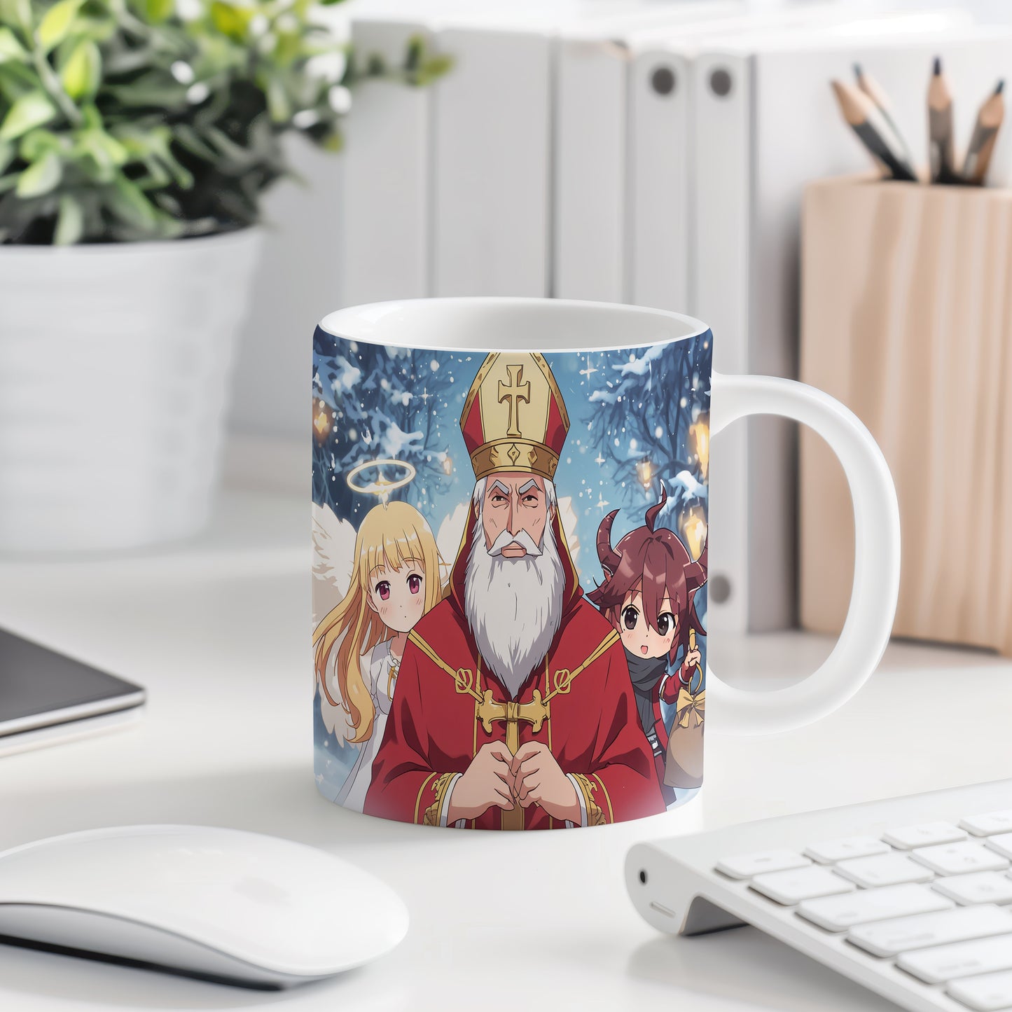 Hrnek s motivem Mikuláše, čerta a anděla – zimní kouzelná noc