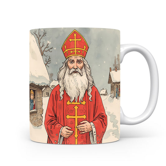 Mikuláš v červeném rouchu před zasněženou vesnicí na hrnku