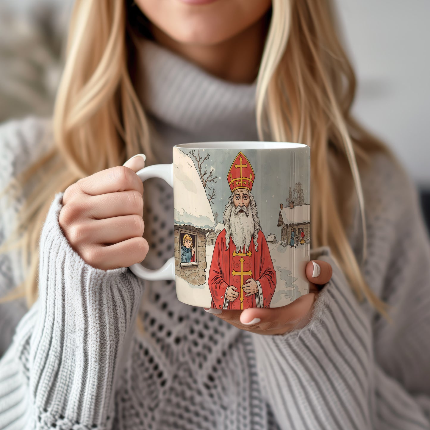 Hrnek s motivem Mikuláše – zimní klidná krajina