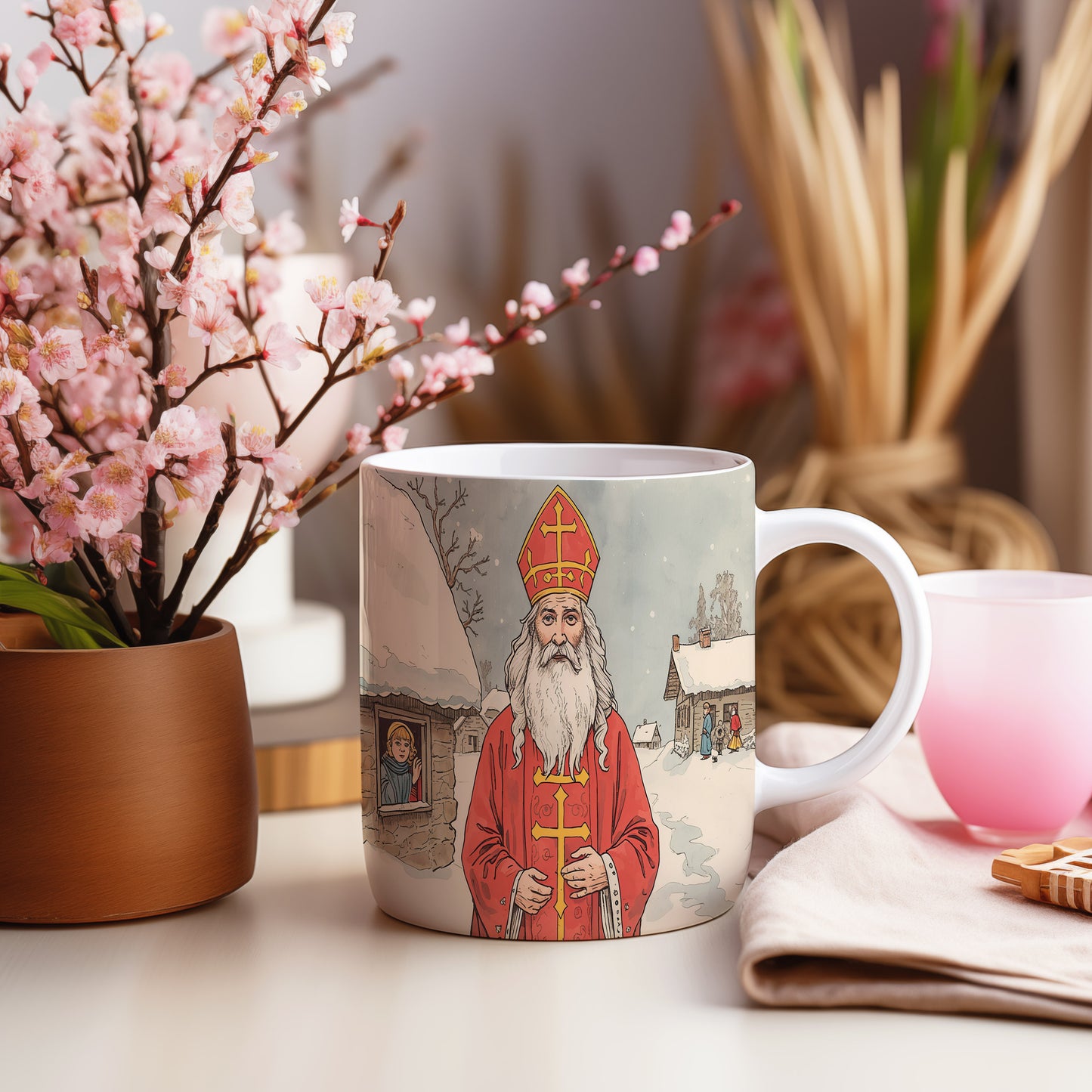 Hrnek s motivem Mikuláše – zimní klidná krajina