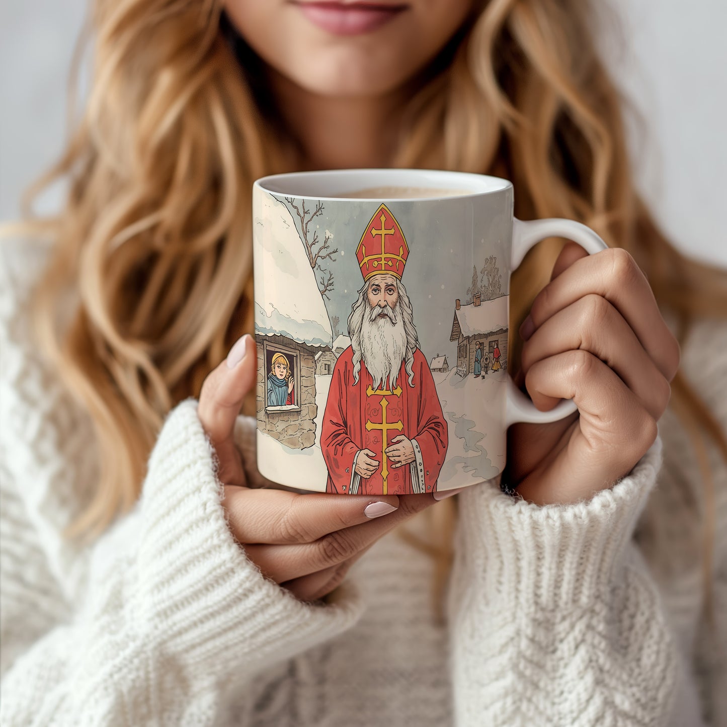 Hrnek s motivem Mikuláše – zimní klidná krajina